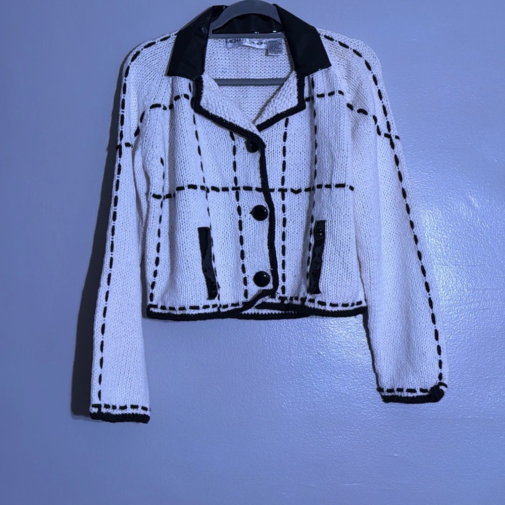 Vintage Cardigan Jacket Michael Simon New York Plaid Knit White and Black Size L - Picture 2 of 9